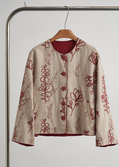 Vintage Beige Embroidered Pockets Linen Coats Spring