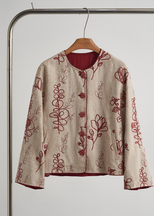 Vintage Beige Embroidered Pockets Linen Coats Spring