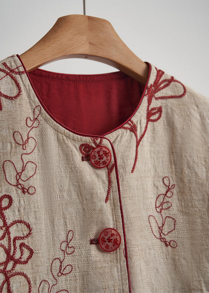 Vintage Beige Embroidered Pockets Linen Coats Spring