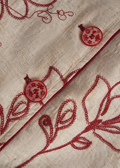 Vintage Beige Embroidered Pockets Linen Coats Spring