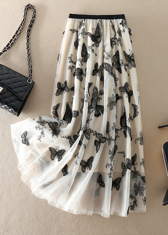 Vintage Beige Bestickte Schmetterling Tüll Röcke Frühling