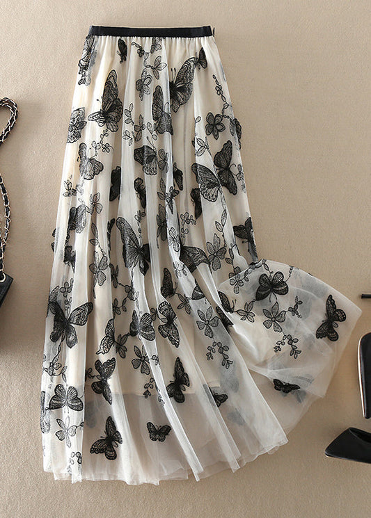 Vintage Beige Bestickte Schmetterling Tüll Röcke Frühling