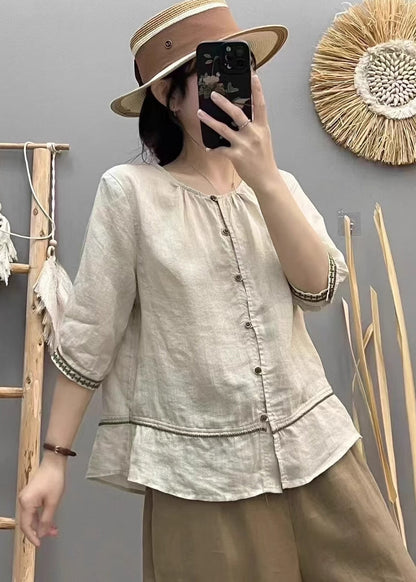 Vintage Beige O-Neck Patchwork Cotton Shirt Top Summer