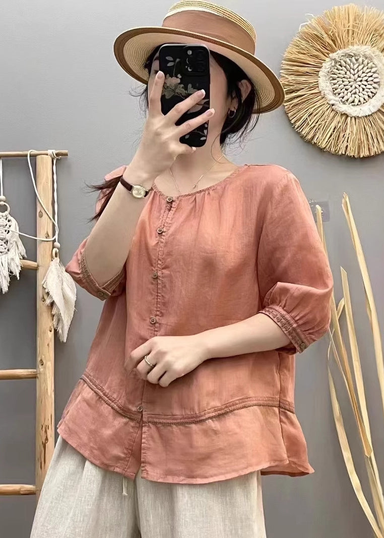 Vintage Beige O-Neck Patchwork Cotton Shirt Top Summer