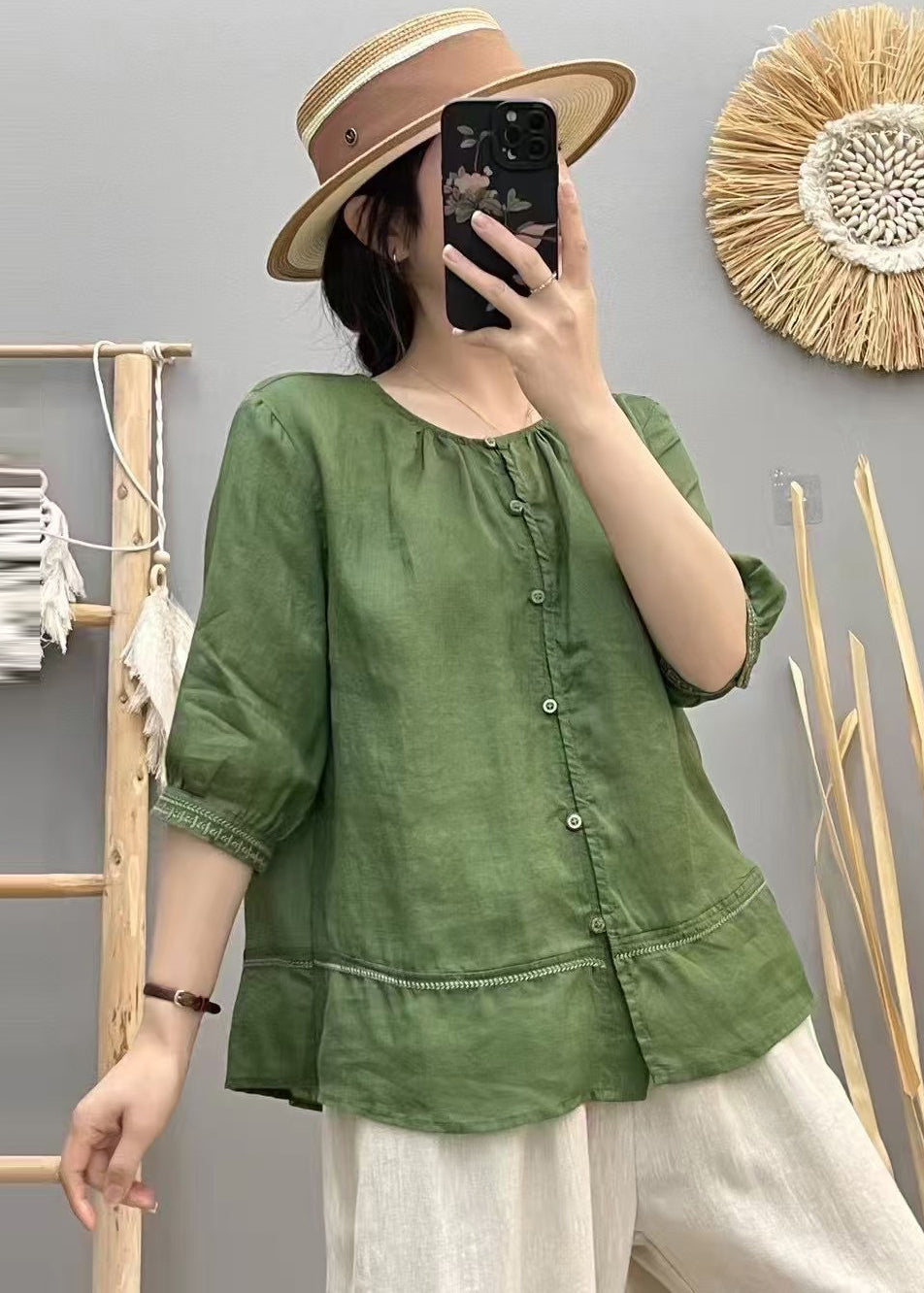 Vintage Beige O-Neck Patchwork Cotton Shirt Top Summer