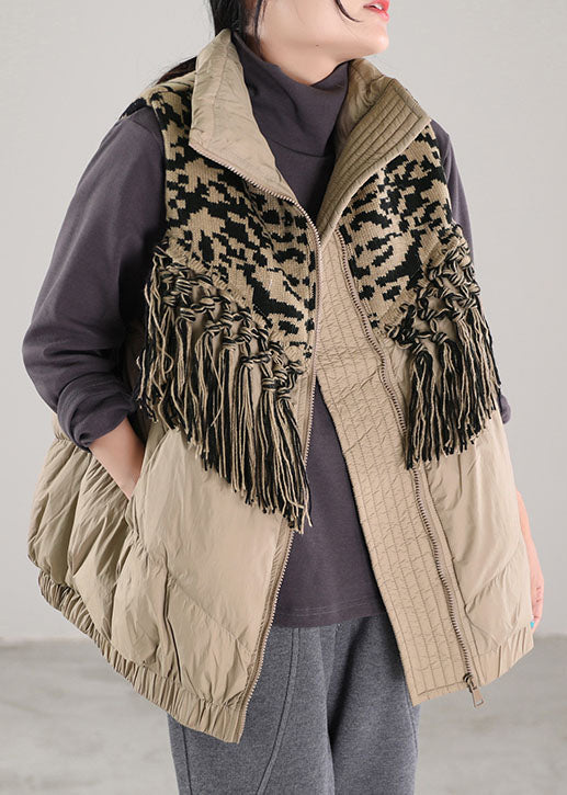 Vintage Beige Quasten Patchwork Entendaunen Winter Daunenweste