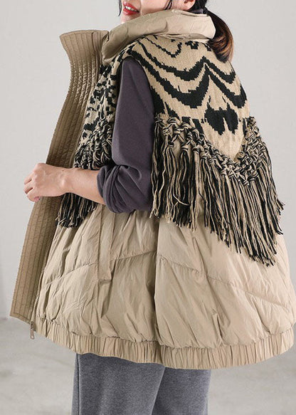 Vintage Beige Quasten Patchwork Entendaunen Winter Daunenweste