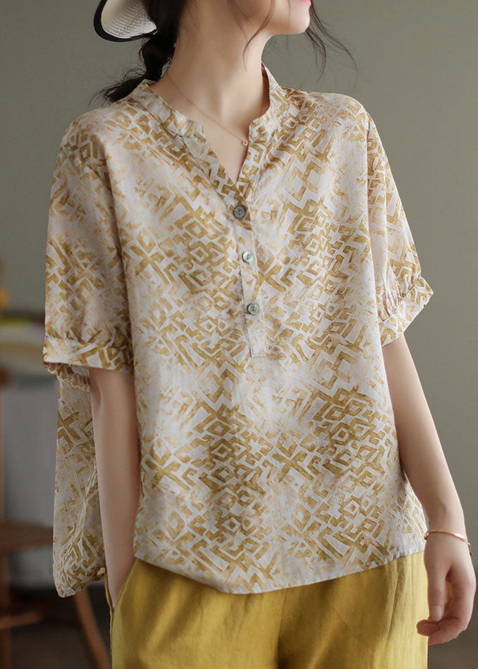 Camiseta de lino con cuello en V y estampado de patchwork en beige vintage para verano
