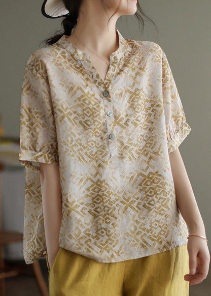 Camiseta de lino con cuello en V y estampado de patchwork en beige vintage para verano