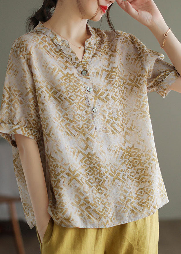 Camiseta de lino con cuello en V y estampado de patchwork en beige vintage para verano