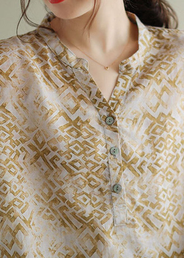Camiseta de lino con cuello en V y estampado de patchwork en beige vintage para verano