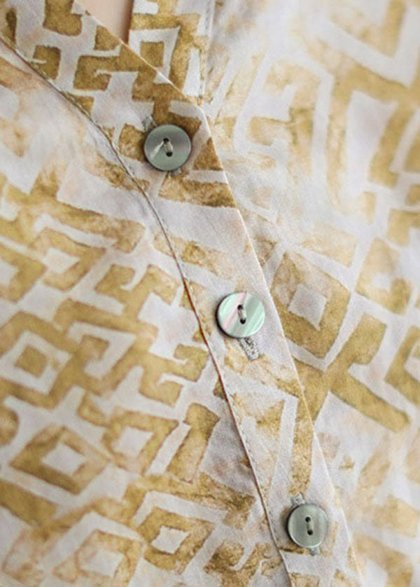 Camiseta de lino con cuello en V y estampado de patchwork en beige vintage para verano