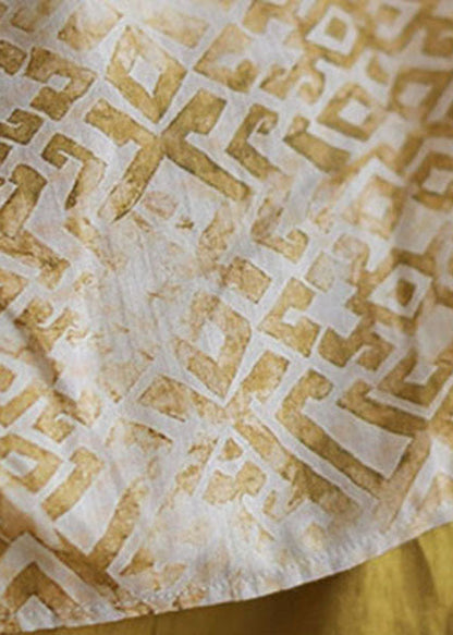 Camiseta de lino con cuello en V y estampado de patchwork en beige vintage para verano