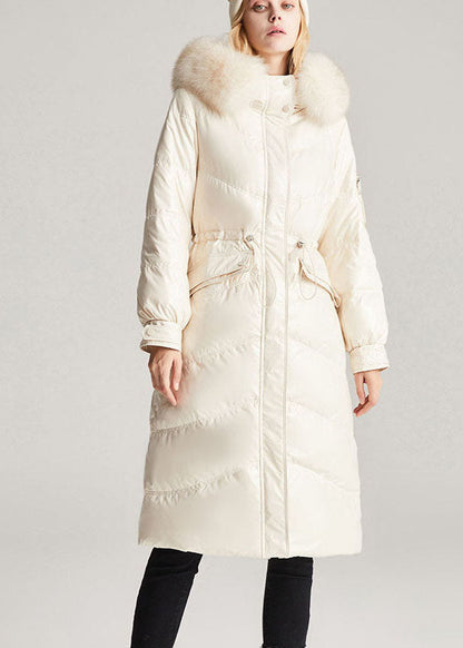 Vintage Beige Weißfuchskragen Kordelzug Taschen Slim Fit Winter Entendaunenjacken