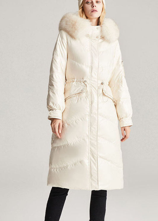 Vintage Beige White Fox collar drawstring Pockets slim fit Winter Duck Down Jackets