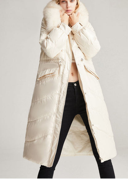 Vintage Beige Weißfuchskragen Kordelzug Taschen Slim Fit Winter Entendaunenjacken