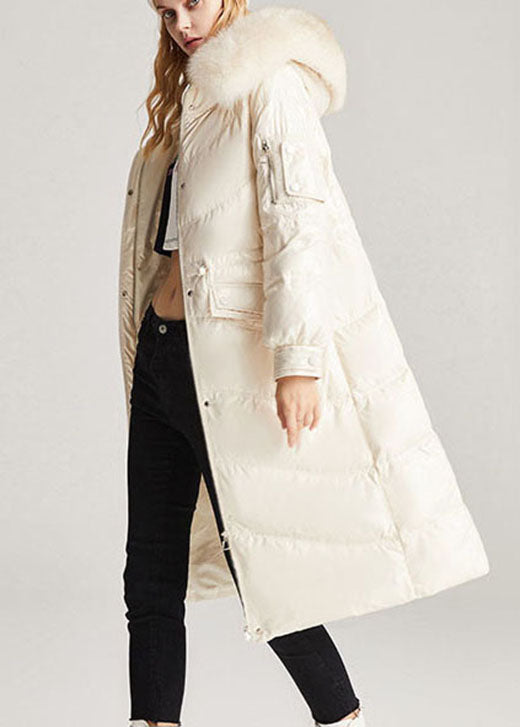 Vintage Beige Weißfuchskragen Kordelzug Taschen Slim Fit Winter Entendaunenjacken