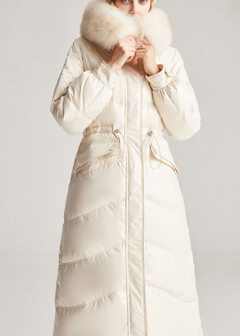 Vintage Beige Weißfuchskragen Kordelzug Taschen Slim Fit Winter Entendaunenjacken