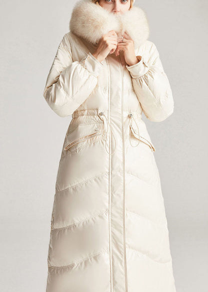 Vintage Beige Weißfuchskragen Kordelzug Taschen Slim Fit Winter Entendaunenjacken