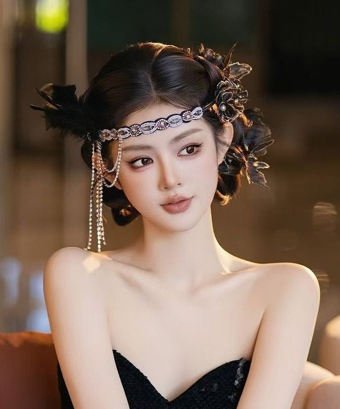 Vintage Black Alloy Zircon Feather Tassel HairPiece