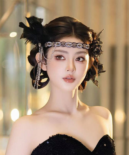 Vintage Black Alloy Zircon Feather Tassel HairPiece