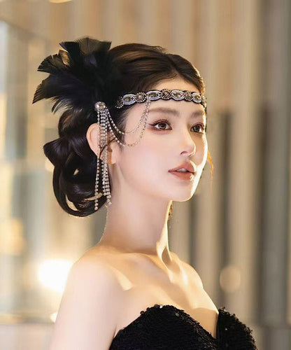 Vintage Black Alloy Zircon Feather Tassel HairPiece