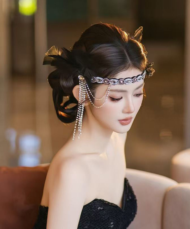 Vintage Black Alloy Zircon Feather Tassel HairPiece