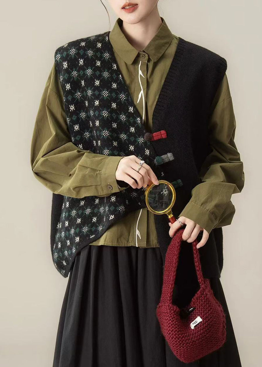 Vintage schwarze asymmetrische Strickweste mit chinesischen Knöpfen, Winter