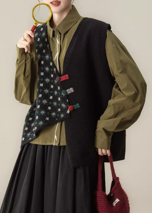 Chalecos vintage negros asimétricos de punto con botones chinos para invierno
