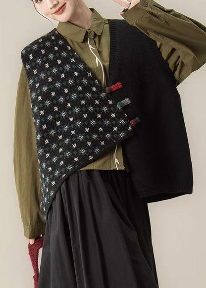 Vintage schwarze asymmetrische Strickweste mit chinesischen Knöpfen, Winter
