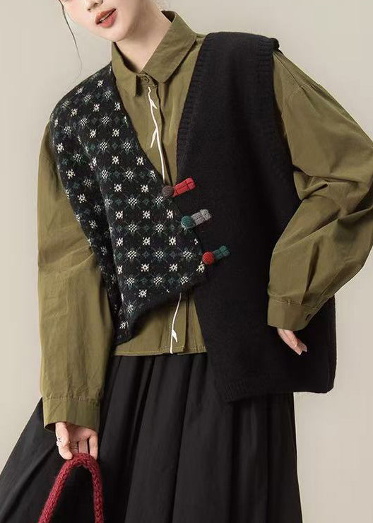 Vintage schwarze asymmetrische Strickweste mit chinesischen Knöpfen, Winter