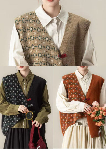 Vintage schwarze asymmetrische Strickweste mit chinesischen Knöpfen, Winter