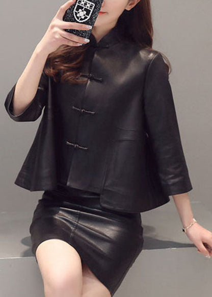 Vintage Black Button Stand Collar Faux Leather Coats Three Quarter Sleeve