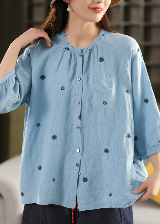 Vintage Black Embroidered Button Linen Blouse Top Summer