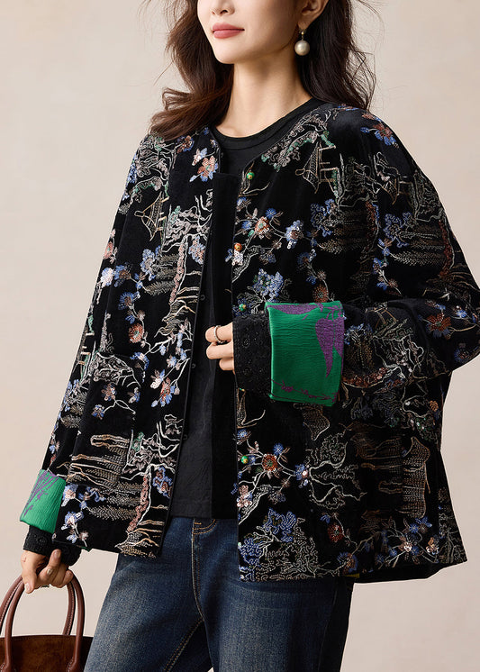 Vintage Black Embroidered Sequins Silk Velvet Coats Winter