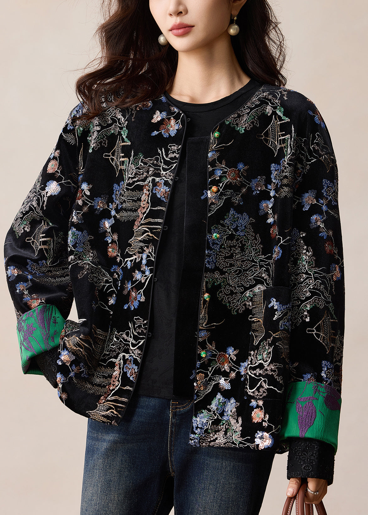 Vintage Black Embroidered Sequins Silk Velvet Coats Winter