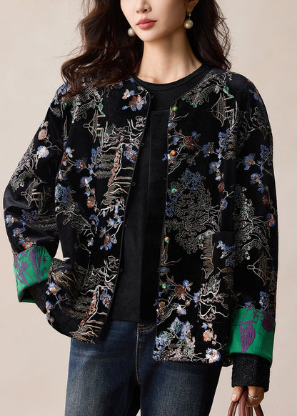 Vintage Black Embroidered Sequins Silk Velvet Coats Winter