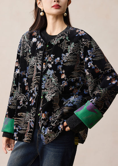 Vintage Black Embroidered Sequins Silk Velvet Coats Winter