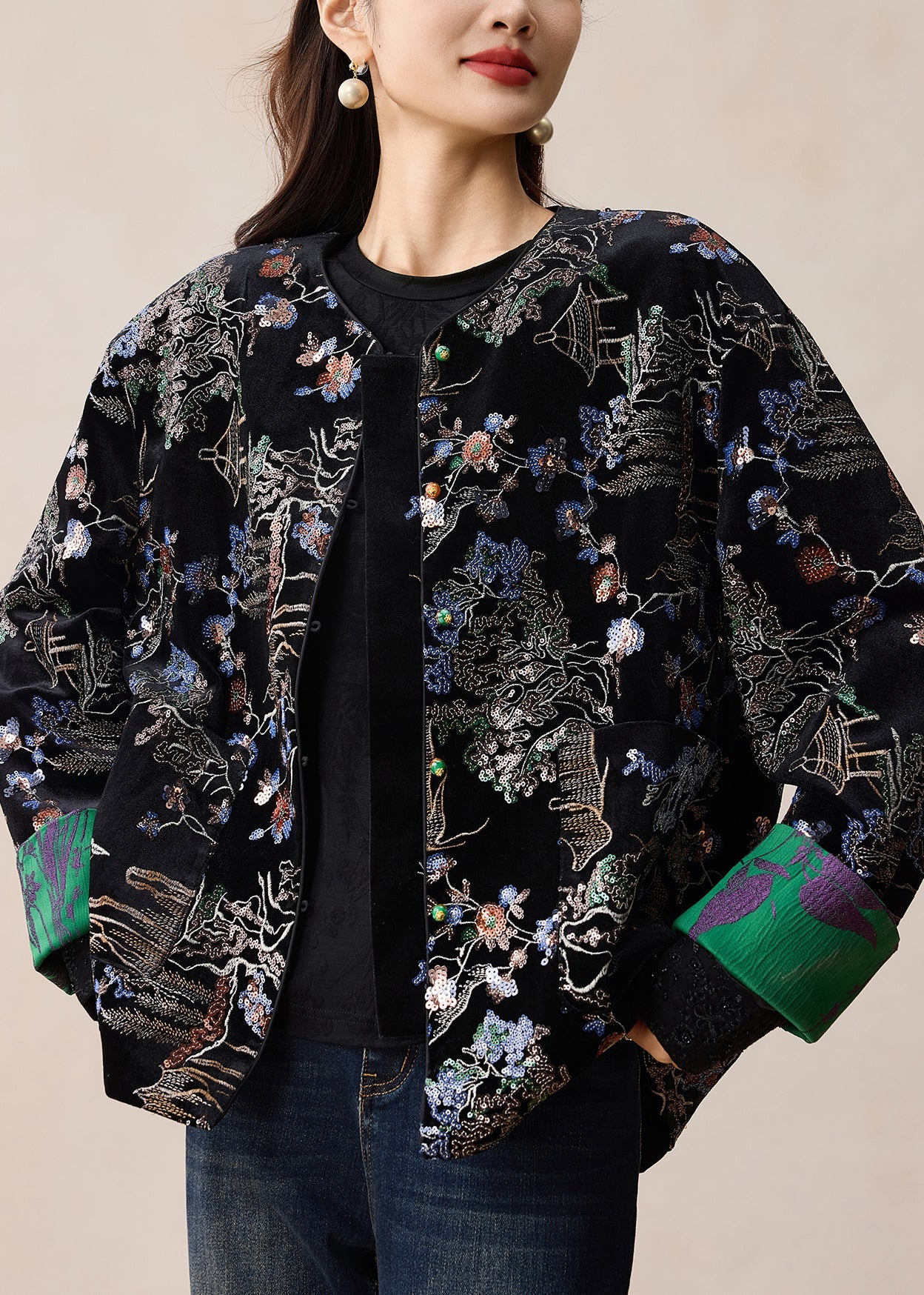 Vintage Black Embroidered Sequins Silk Velvet Coats Winter