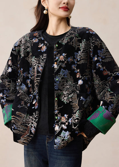 Vintage Black Embroidered Sequins Silk Velvet Coats Winter