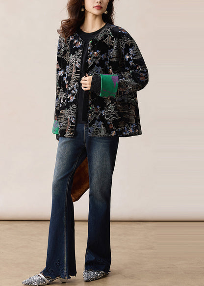 Vintage Black Embroidered Sequins Silk Velvet Coats Winter