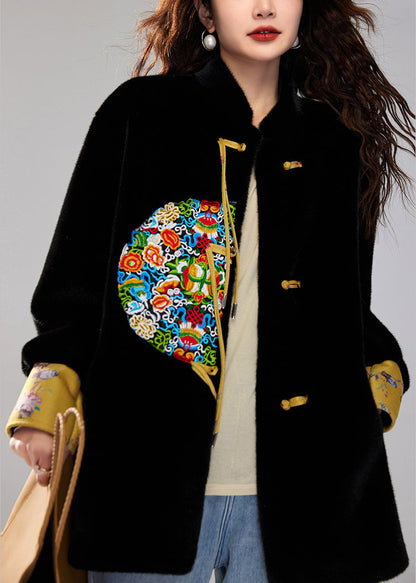 Vintage Wintermantel aus schwarzem, besticktem Kunstnerz-Samt mit Quasten