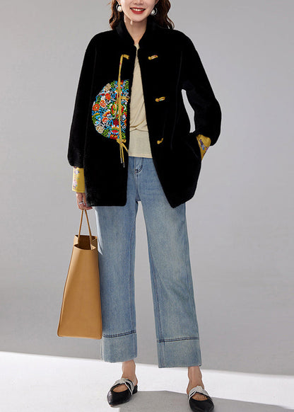 Vintage Wintermantel aus schwarzem, besticktem Kunstnerz-Samt mit Quasten