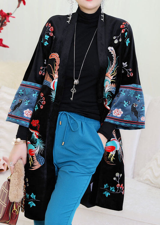 Vintage Schwarz Bestickter Patchwork Velour Parka Winter