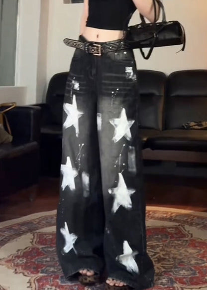 Pantalones vaqueros vintage negros de cintura alta con estrella de cinco puntas y pierna ancha para primavera