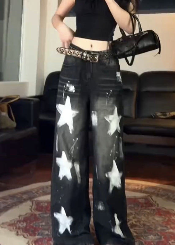 Pantalones vaqueros vintage negros de cintura alta con estrella de cinco puntas y pierna ancha para primavera