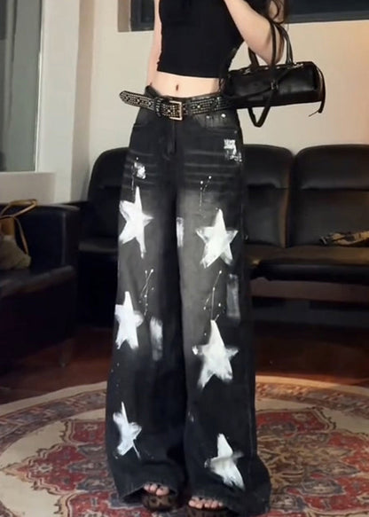 Pantalones vaqueros vintage negros de cintura alta con estrella de cinco puntas y pierna ancha para primavera