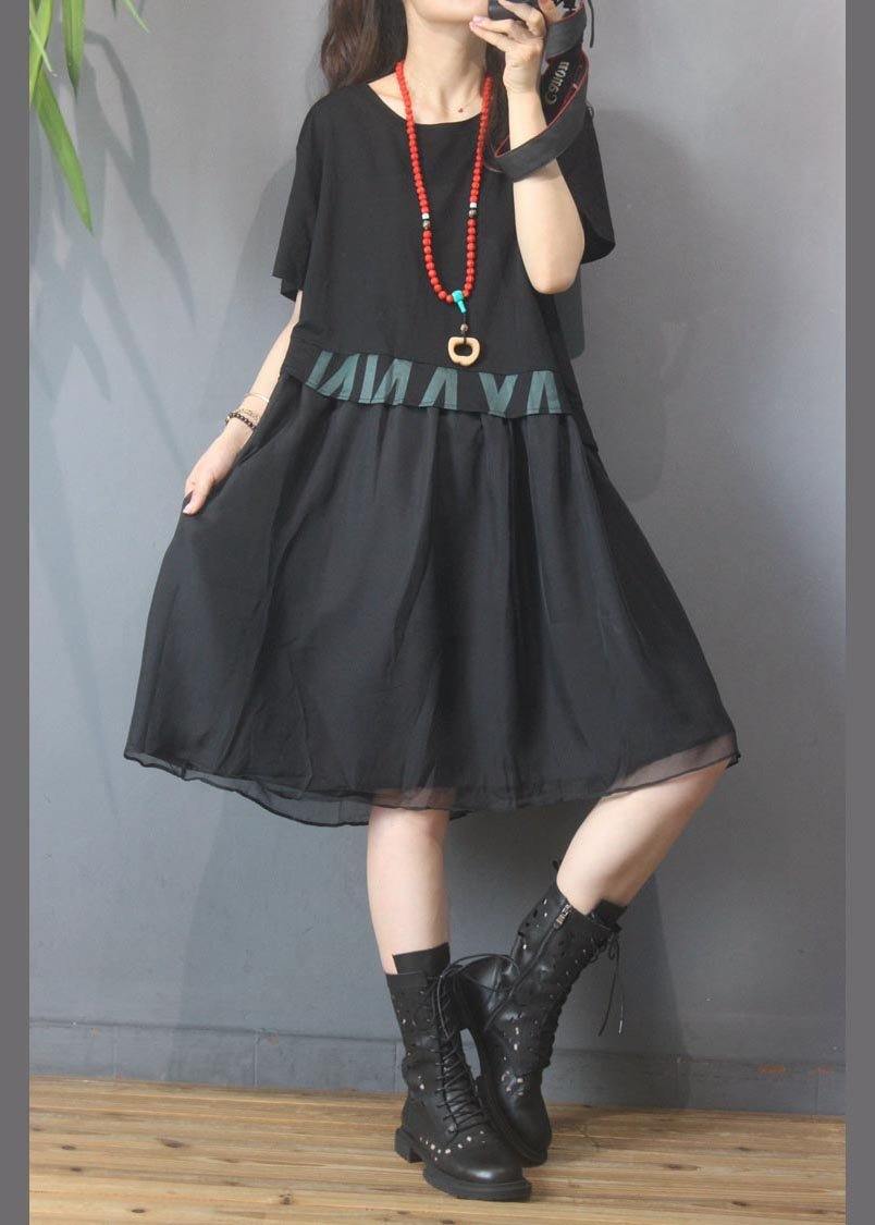 Vintage Black Graphic Patchwork Green Dress Summer - SooLinen