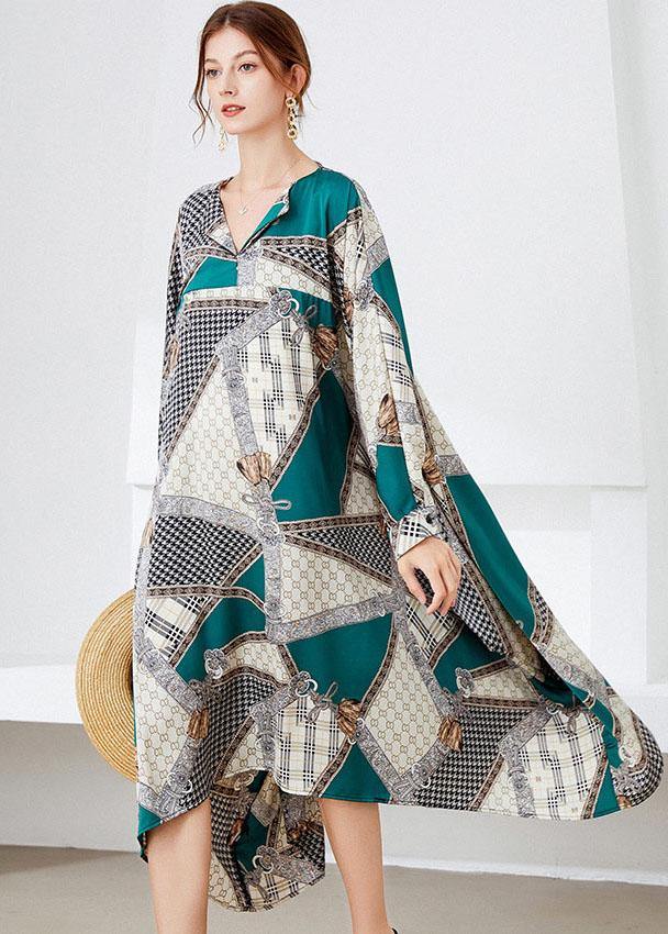 Vintage Black Green V Neck Print Fall Long Dresses - SooLinen
