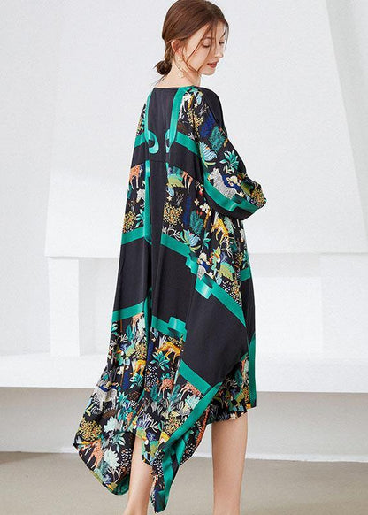 Vintage Black Green V Neck Print Fall Long Dresses - SooLinen